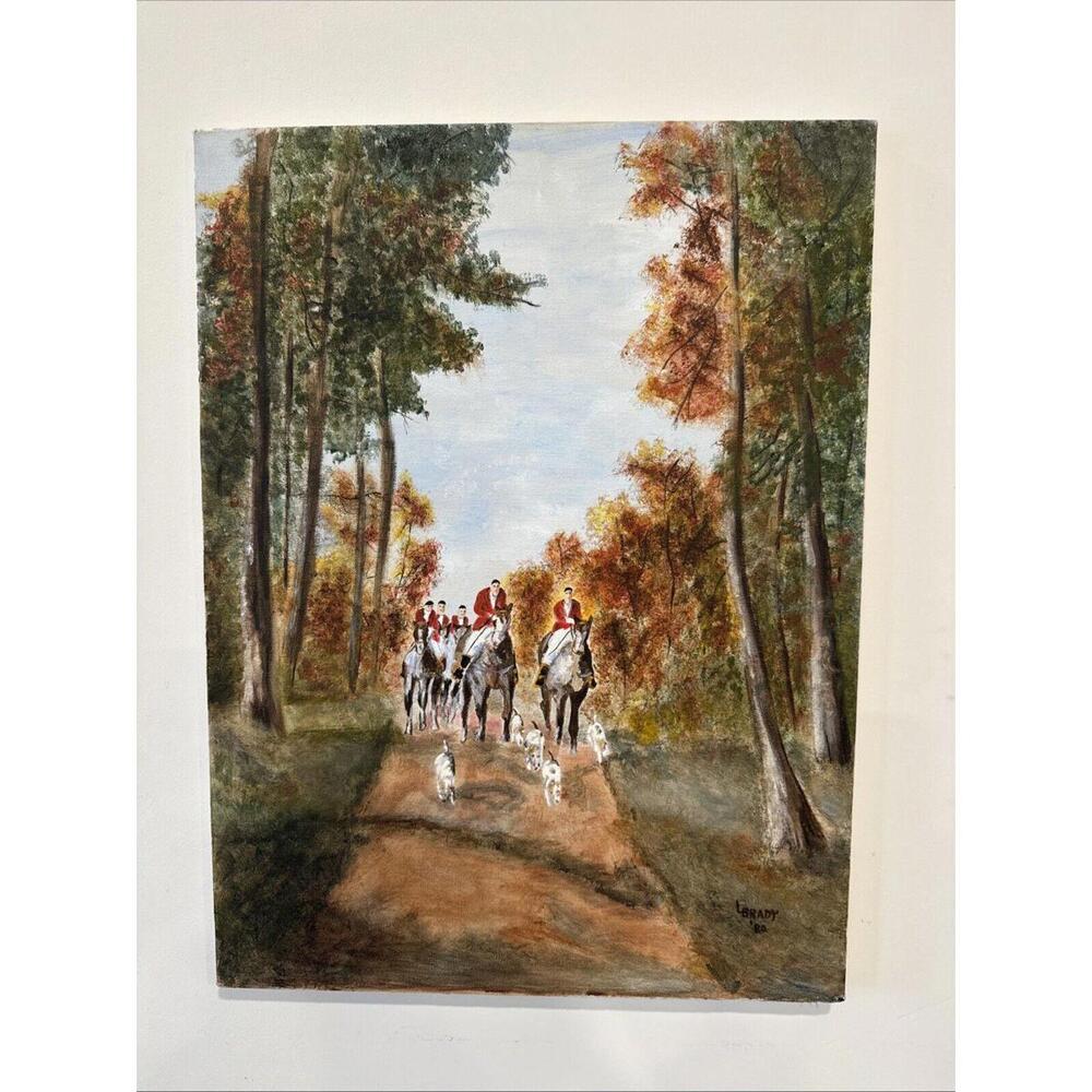 Original Large Oil Painting Fox Hunting Scene Horses Signed L Brady 24”x 18”